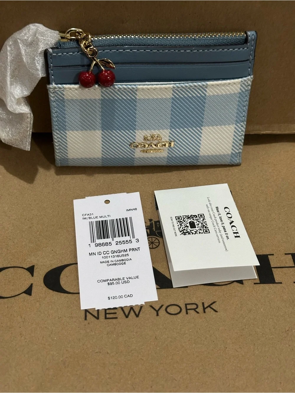 🍒🍒NWT Coach Mini Skinny Id Card Case With Gingham Print Cherry Charm Blue CFA31